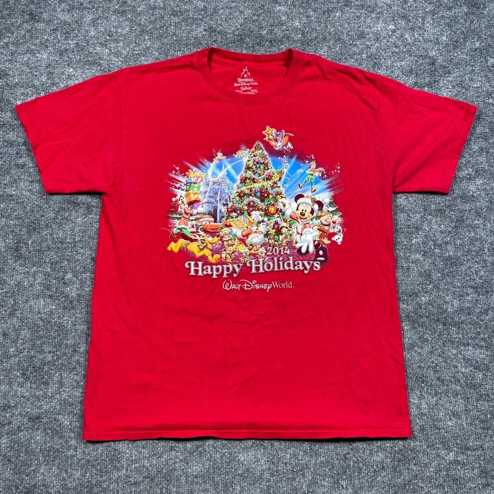 Disney World Happy Holidays 2014 Mickey Red T-Shirt Mens Medium Full Cast